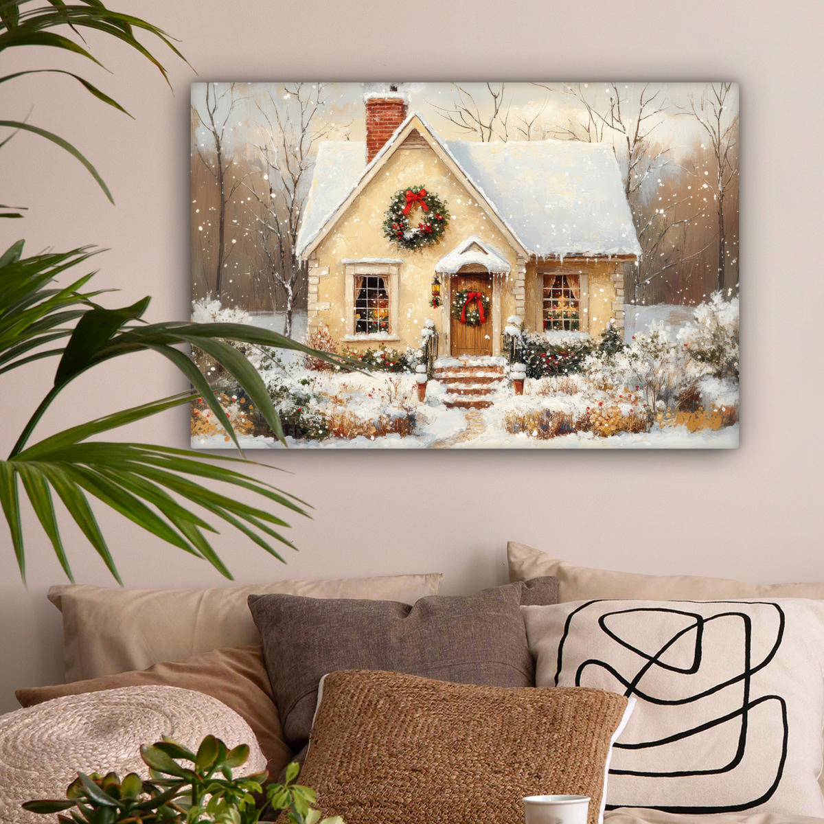 LEINWANDBILD Weihnachten - Zuhause - Winter - Schnee Wanddeko 90x60 cm - Creme, Textil (90/60cm) - MuchoWow