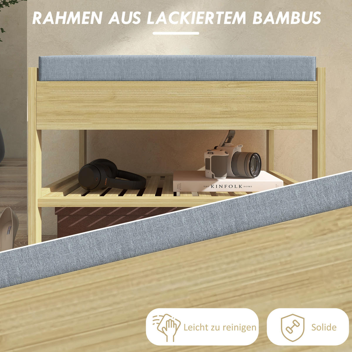 SCHUHBANK mit 2 Etagen, Schublade, für 4 Paar Schuhe, für Flur, Bambus, Natur - Naturfarben, Kunststoff (35/46/55cm) - HOMCOM