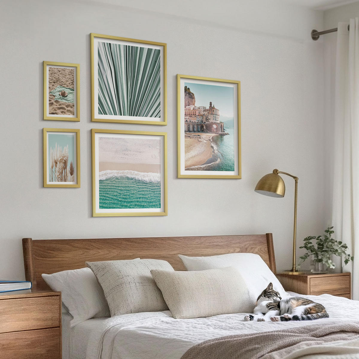 BILDER SET 5er Set - 50x50 cm & 20x30 cm & 40x60 cm Goldrahmen - Strandwellen Grashut - Goldfarben, Kunststoff (40/60cm) - TULUP
