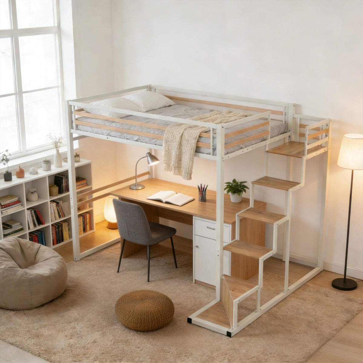 HOCHBETT mit Treppe und Arbeitsbereich – Metallbett Weiß/Eicheoptik, platzsparendes Loftbett mit Schreibtischbereich - Weiß, Metall (148/201cm) - Meubles Cosy