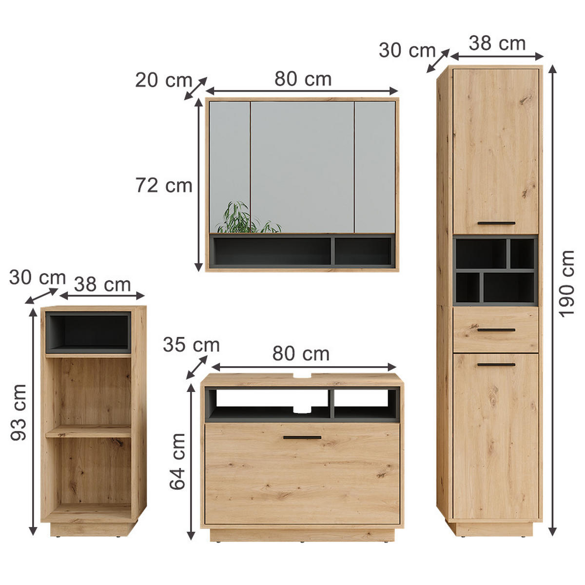 KOUPELNOVÁ SESTAVA NÁBYTKU Beatrice Dub Artisan/antracit - antracitová/dub artisan, kompozitní dřevo (80/64/35cm) - Vicco