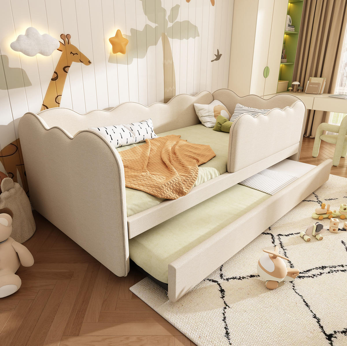 KINDERBETT 90/190 cm mit Ausziehbett und abnehmbarem Seitenteil in Beige - Beige, Textil (90/190cm) - BEAOK