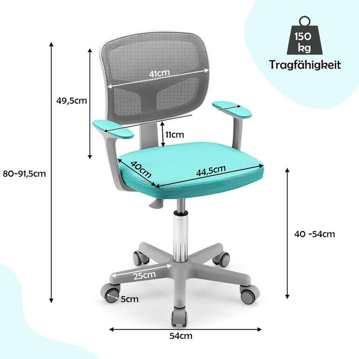 KINDER‑BÜROSTUHL 360°drehbar türkis - Hellblau, Kunststoff (54/80/54cm) - COSTWAY