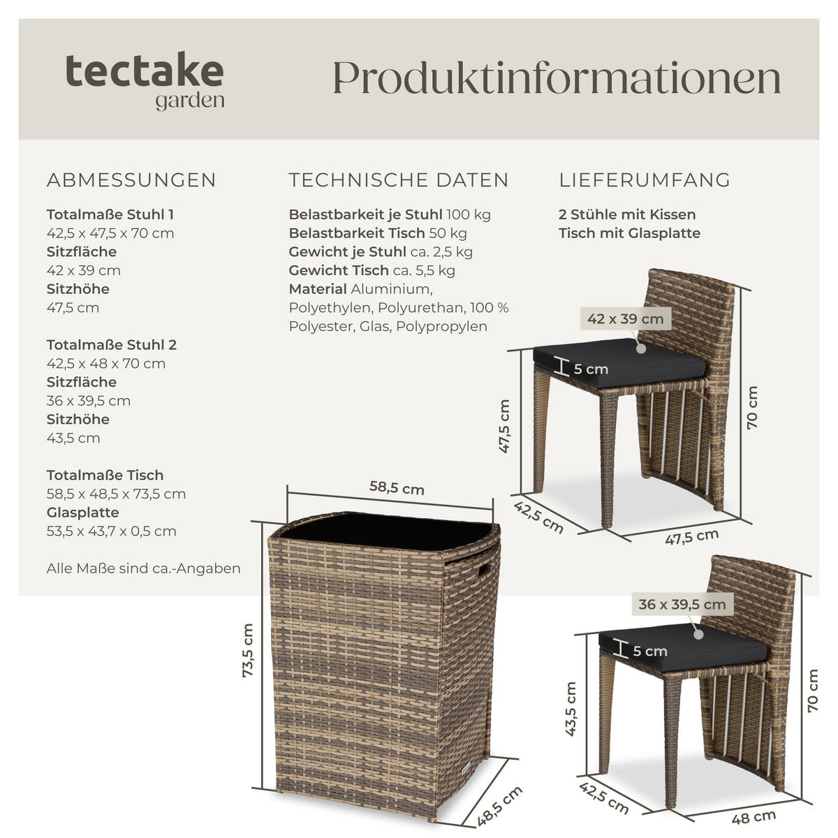 RATTANSET Hamburg,zusammenschiebbar,natur - Naturfarben, Kunststoff - tectake