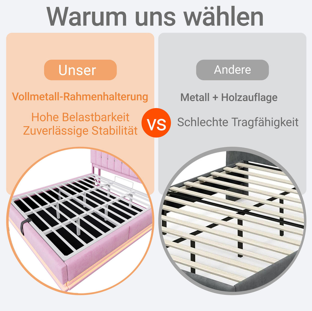 POLSTERBETT mit LED und Stauraum 180x200 cm Samt Rosa - Pink, Metall (180/200cm) - Meubliv