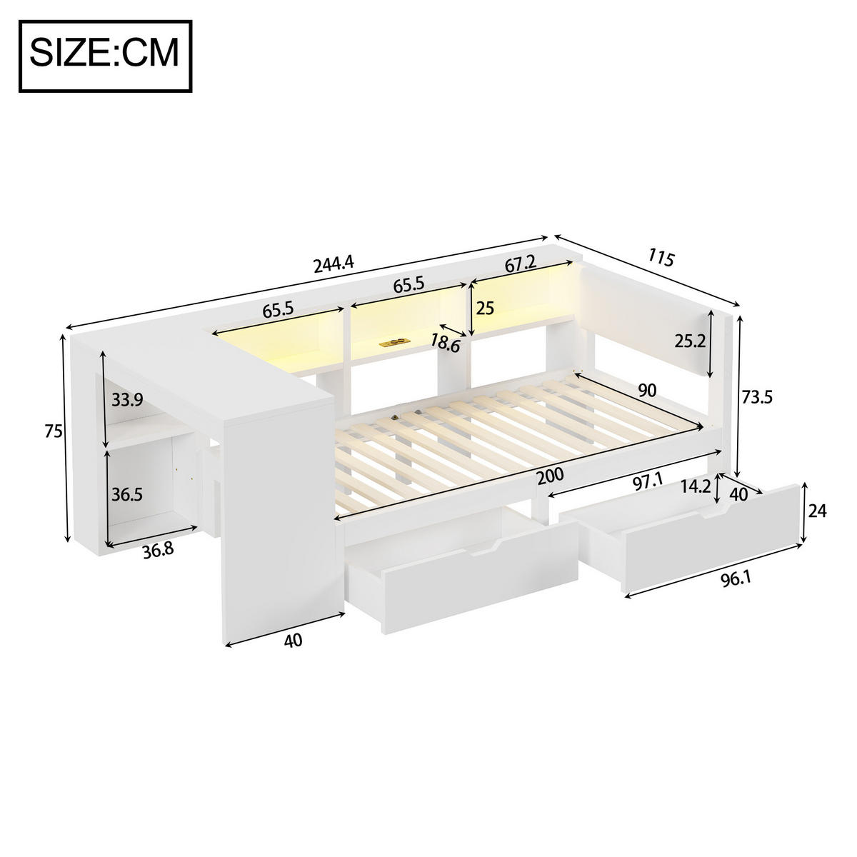 PLATTFORMBETT aus MDF 90x200 cm Weiß mit 2 Schubladen, Ladestation und LED-Beleuchtung - Weiß, Holzwerkstoff (90/200cm) - IVMEU