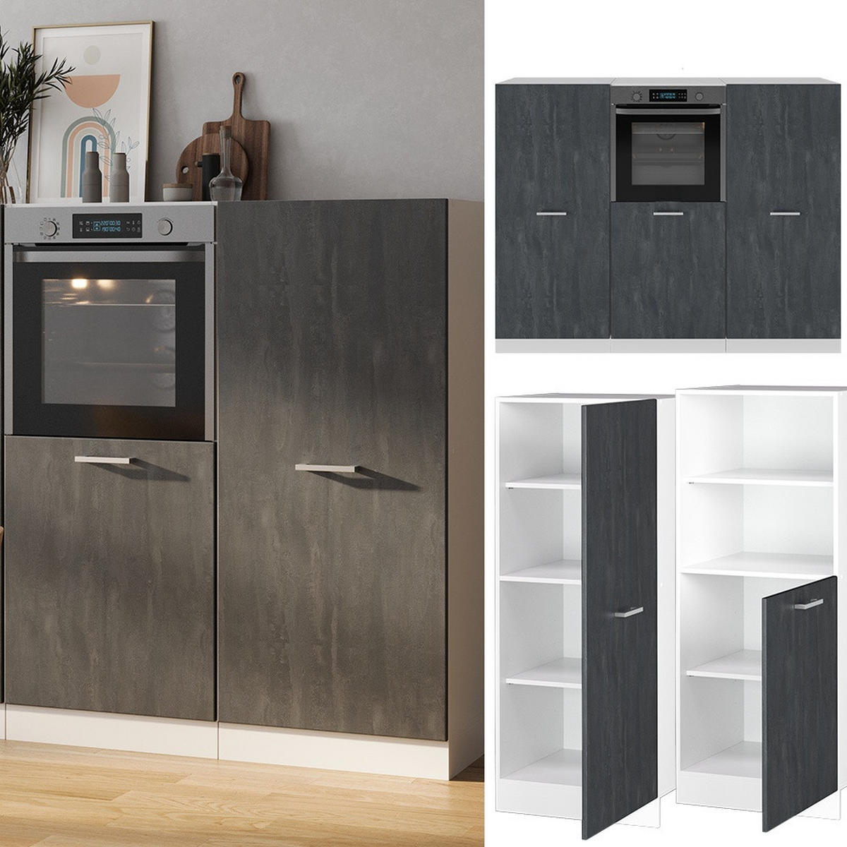 KÜCHENBLOCK R-Line Schwarz Beton/Weiß 180 cm ohne Arbeitsplatte - Schwarz/Weiß, Holzwerkstoff (180/143/46cm) - Vicco