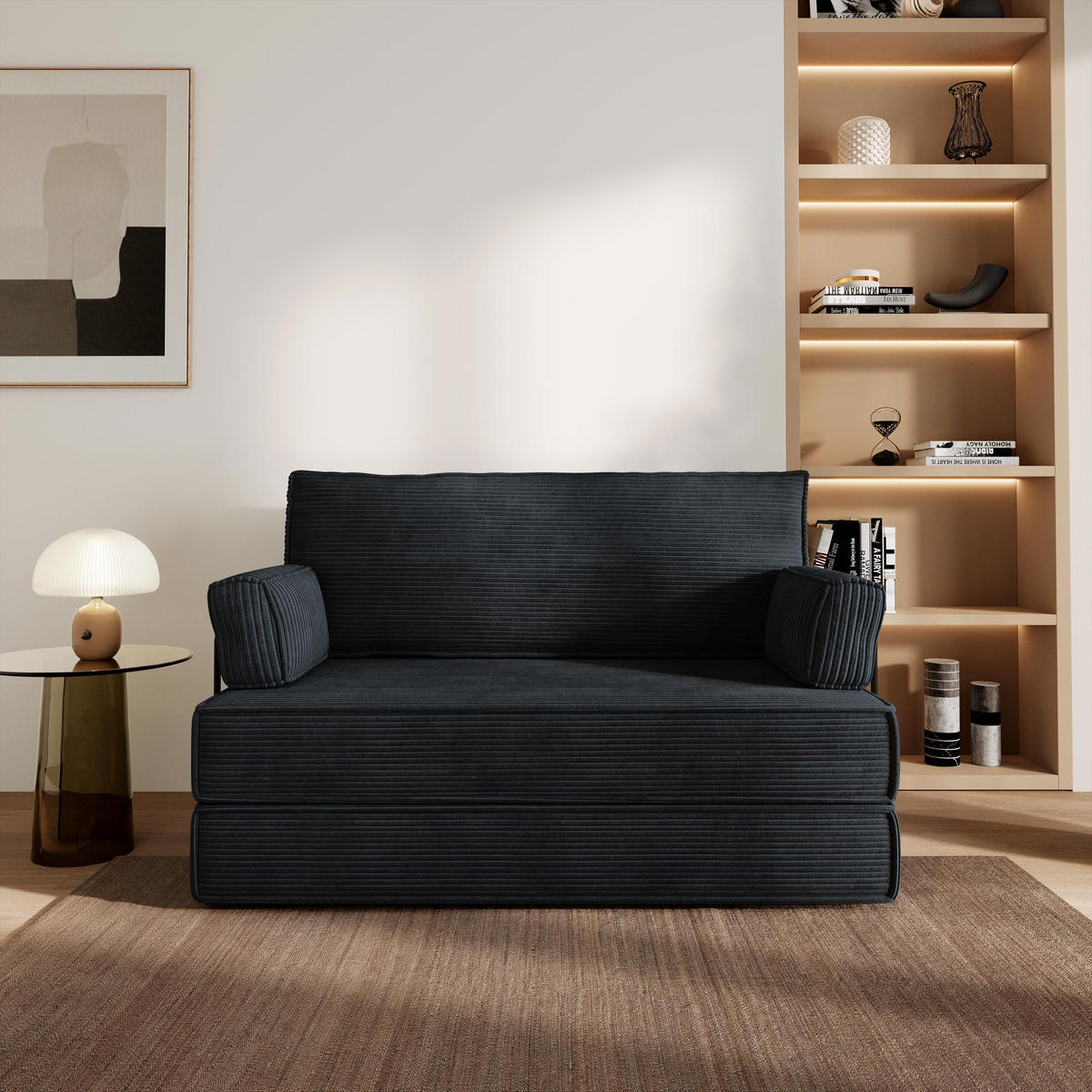BETTSOFA LADIA aus Schaumstoff Cordstoff Schwarz Schlaffunktion - Schwarz, Textil (140/86/60cm) - MASSENO