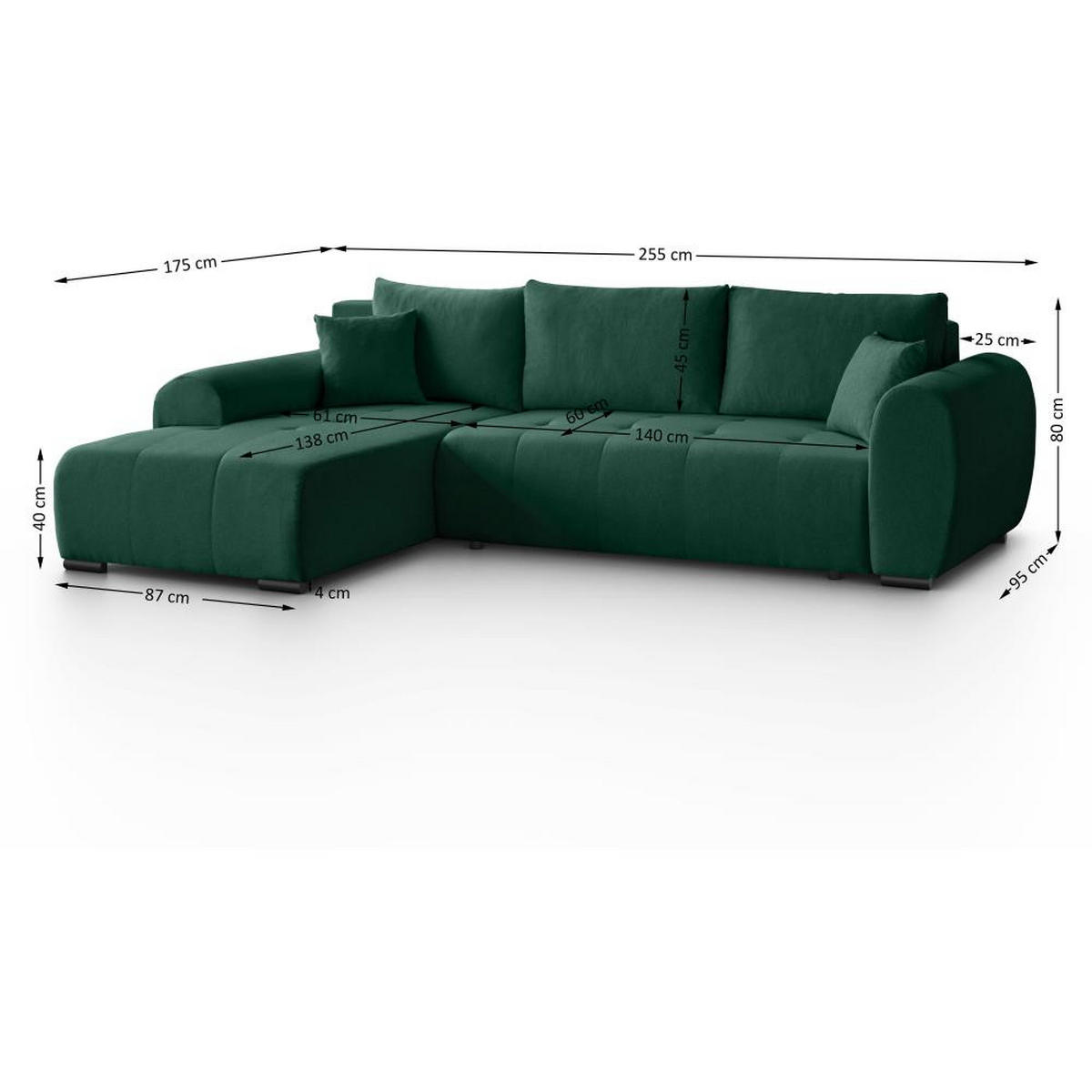 ECKSCHLAFSOFA Diana mt Bettkasten dunkelgrün rechts - Dunkelgrün/Schwarz, Textil (255/175cm) - Beautysofa