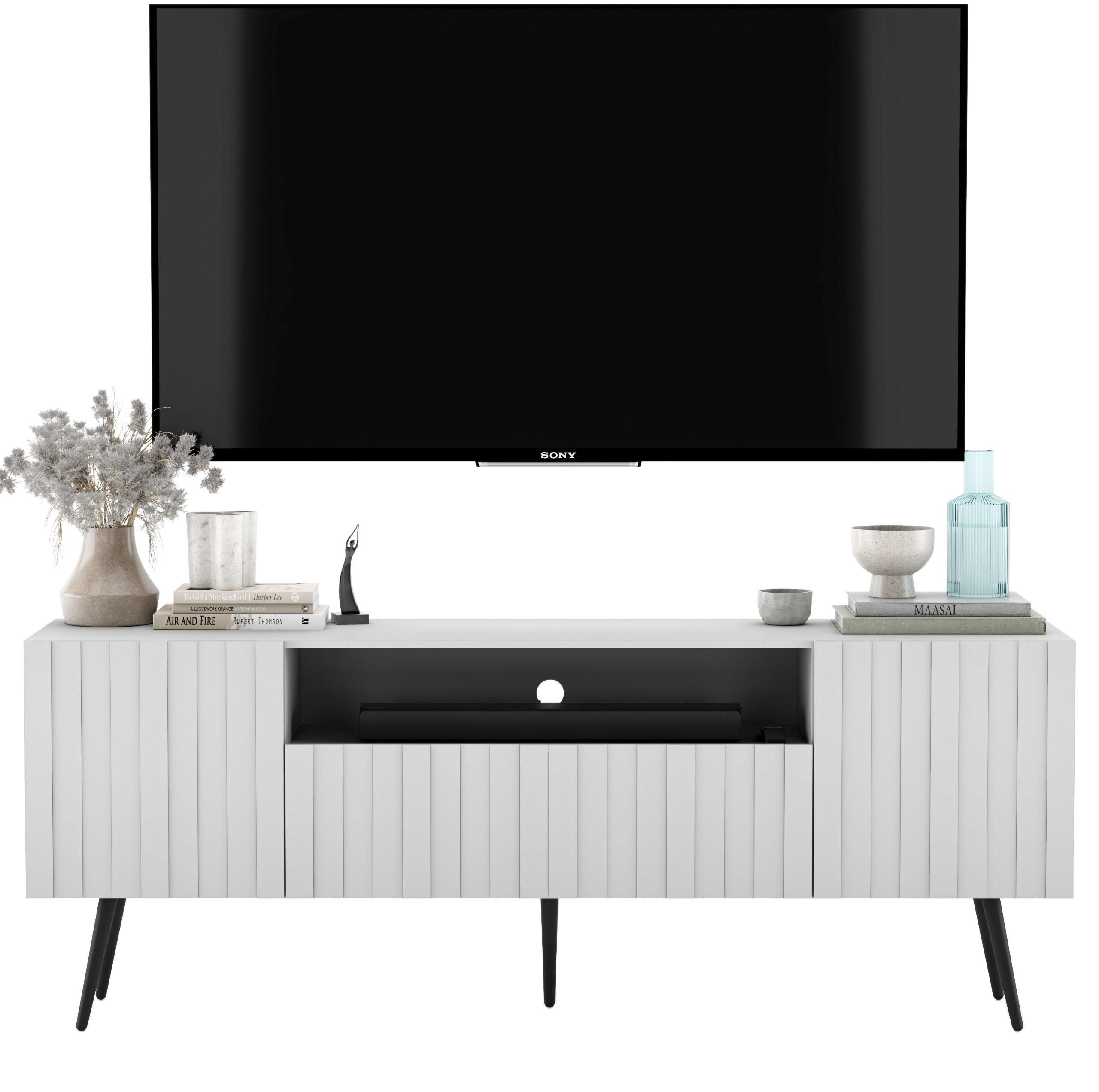TV-SCHRANK Elpis Weiß Matt mit Metallbeine Glamour 150 cm - Schwarz/Weiß, Holzwerkstoff/Metall (150/60.5/36.5cm) - Meble Lindner