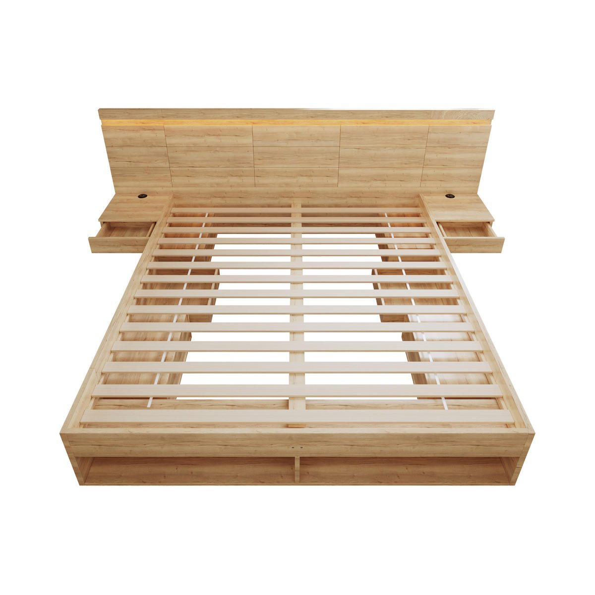 ČALOUNĚNÁ postel 180/200 cm z MDF, přírodní, s úložným prostorem, LED osvětlením a USB nabíjením - přírodní, kompozitní dřevo (180/200cm) - BEAOK