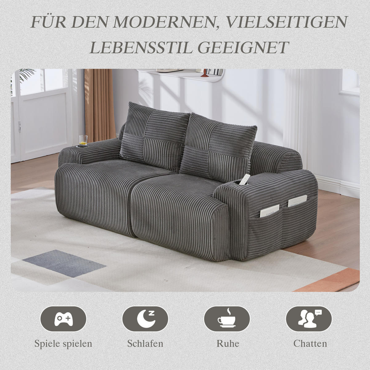 2-SITZER-SOFA aus Cordstoff 200x99x80 cm in Dunkelgrau mit Cupholder - Dunkelgrau, Textil (99/80/200cm) - Modfu