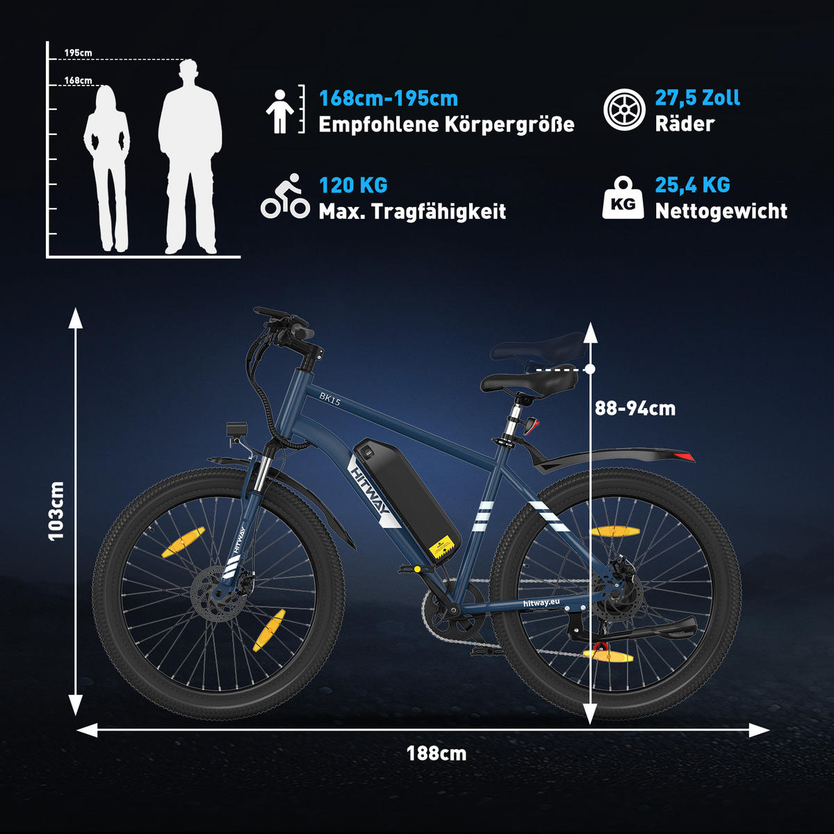 E-BIKE BK15P 27,5 Zoll ideal für Fahrer von 168 bis 195 cm Körpergröße - Blau, Metall (76cm) - HITWAY