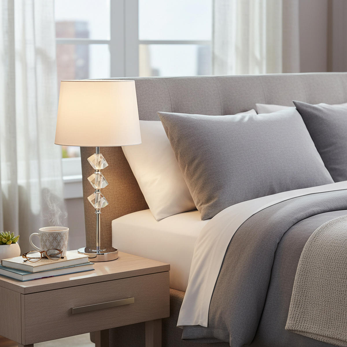 TISCHLEUCHTE - Creme, Glas/Textil (25/25/53cm) - Relaxdays