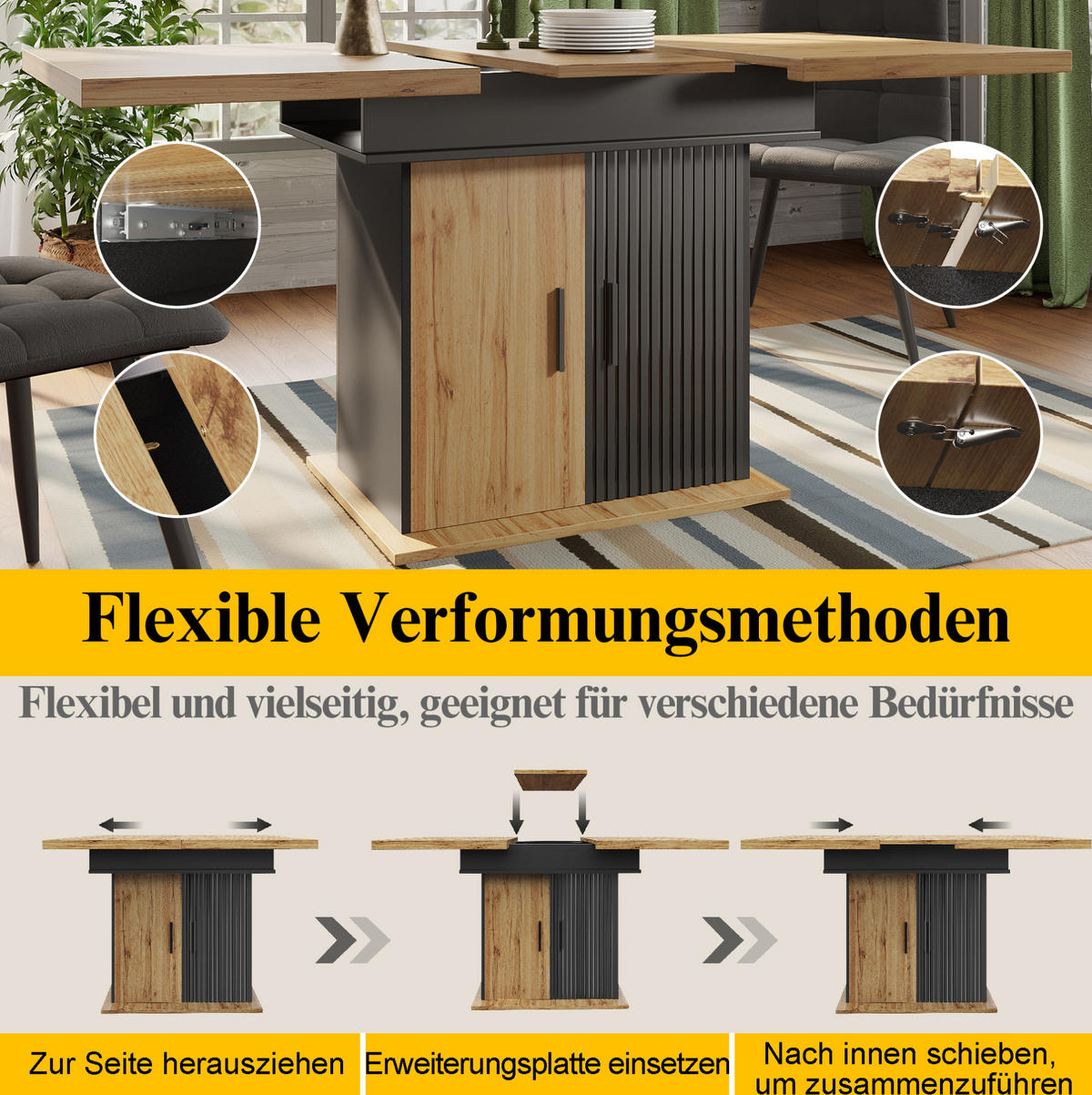 ESSTISCH 110-140/80/75 cm in Schwarz/Natur mit Stauraum und Auszugsfunktion - Schwarz, Holzwerkstoff (110/80/75cm) - Flora Grace