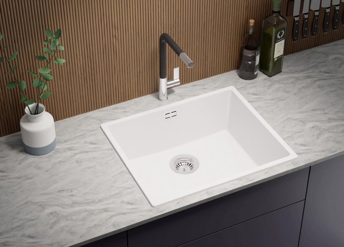 GRANITSPÜLE London Slim, 2-er set Alles Weiß 56/47 cm 1 Becken + Küchenarmatur 40/20 cm + Ablauf-Set ab 60er Unterschrank - Weiß, Kunststoff (56/20/47cm) - Primagran