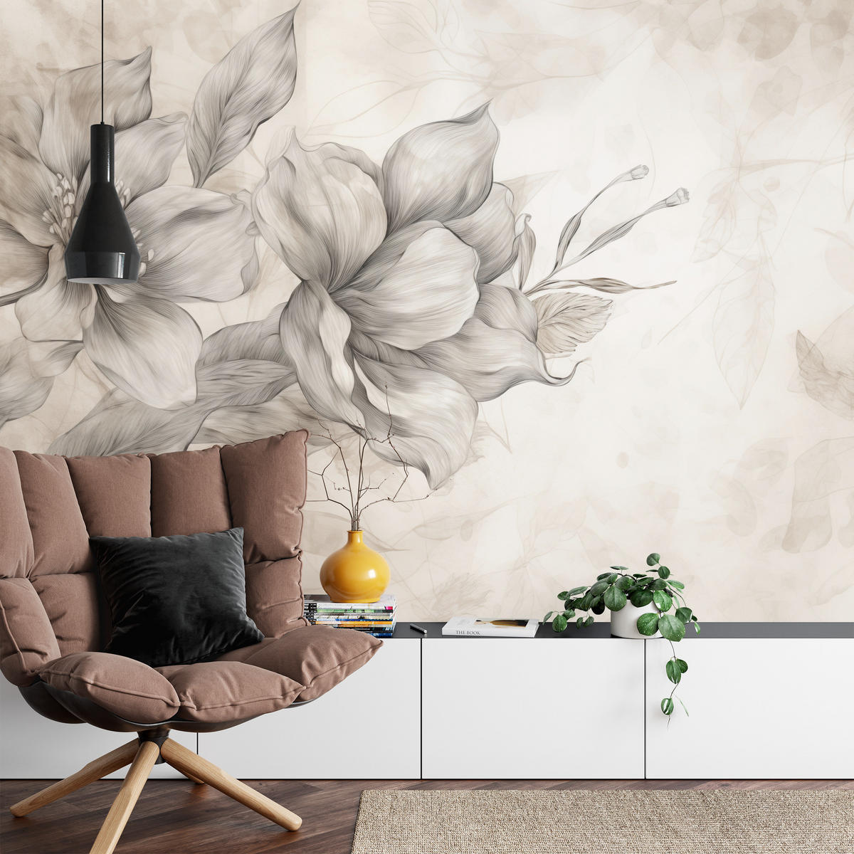 FOTOTAPETE für Wohnzimmer Abstrakt Blume Pflanzen 400x280 - Beige/Braun, Papier (400/280cm) - Muralo