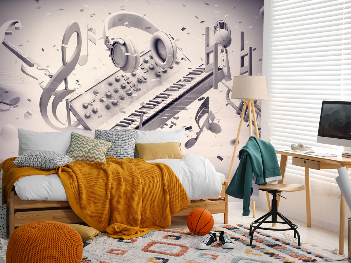 FOTOTAPETE für Jugendzimmer Modern Kollage Musik Klavier Noten Kopfhörer 100x70 - Grau, Papier (100/70cm) - Muralo