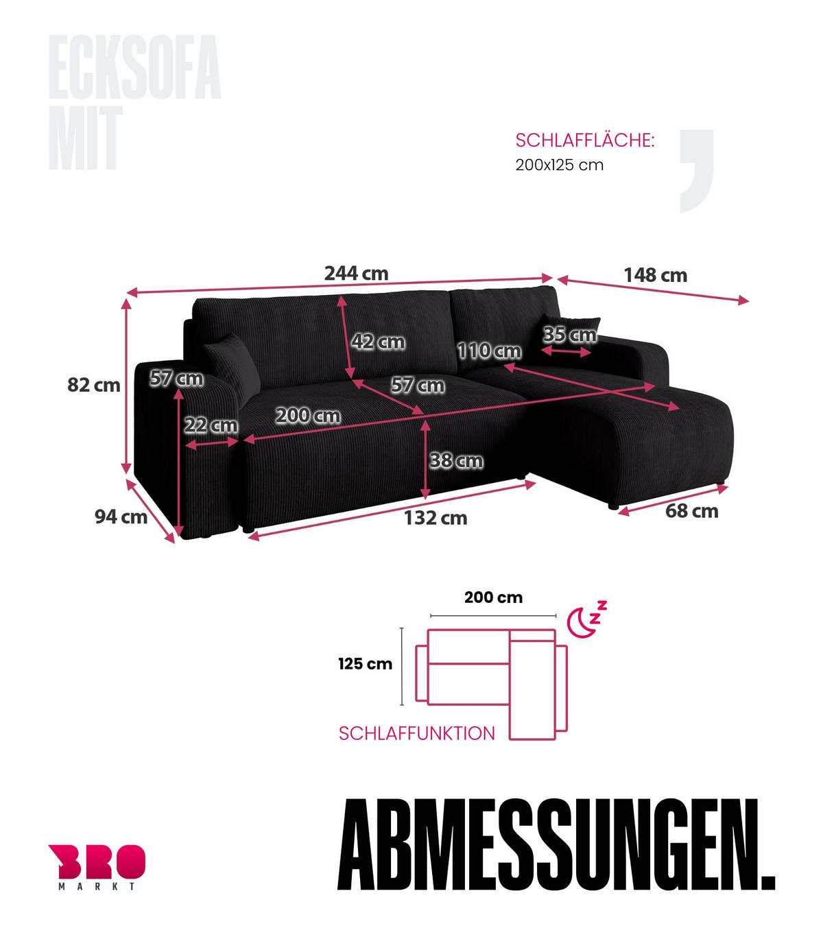 ECKSOFA PUMI mit Schlaffunktion Schwarz Cord - Schwarz, Textil (244/148cm) - Bromarkt