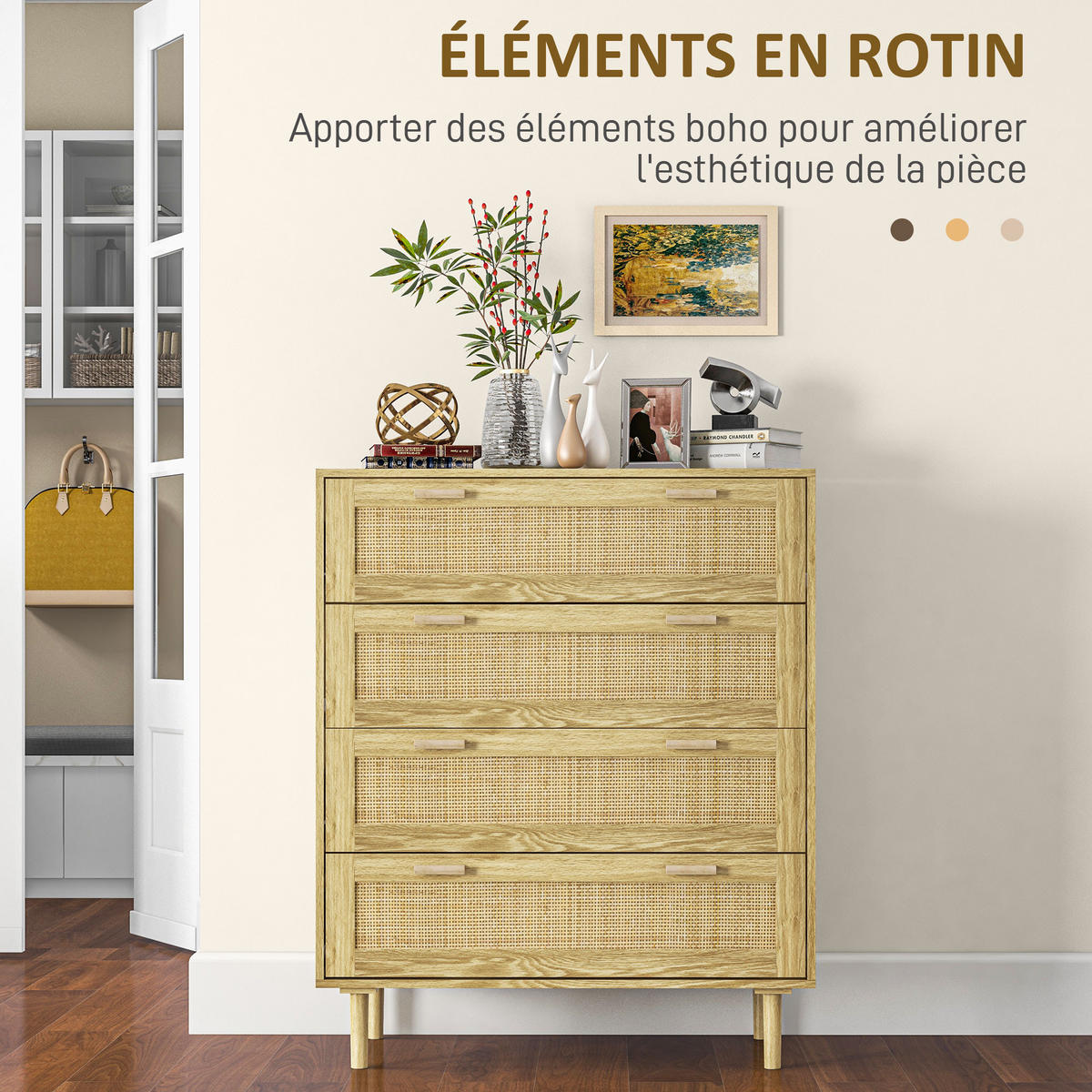 KOMOODE DE-12836 4 Schubladen mit Rattan Hellholz - Naturfarben, Holzwerkstoff (90/108.5/45cm) - ComfortXL