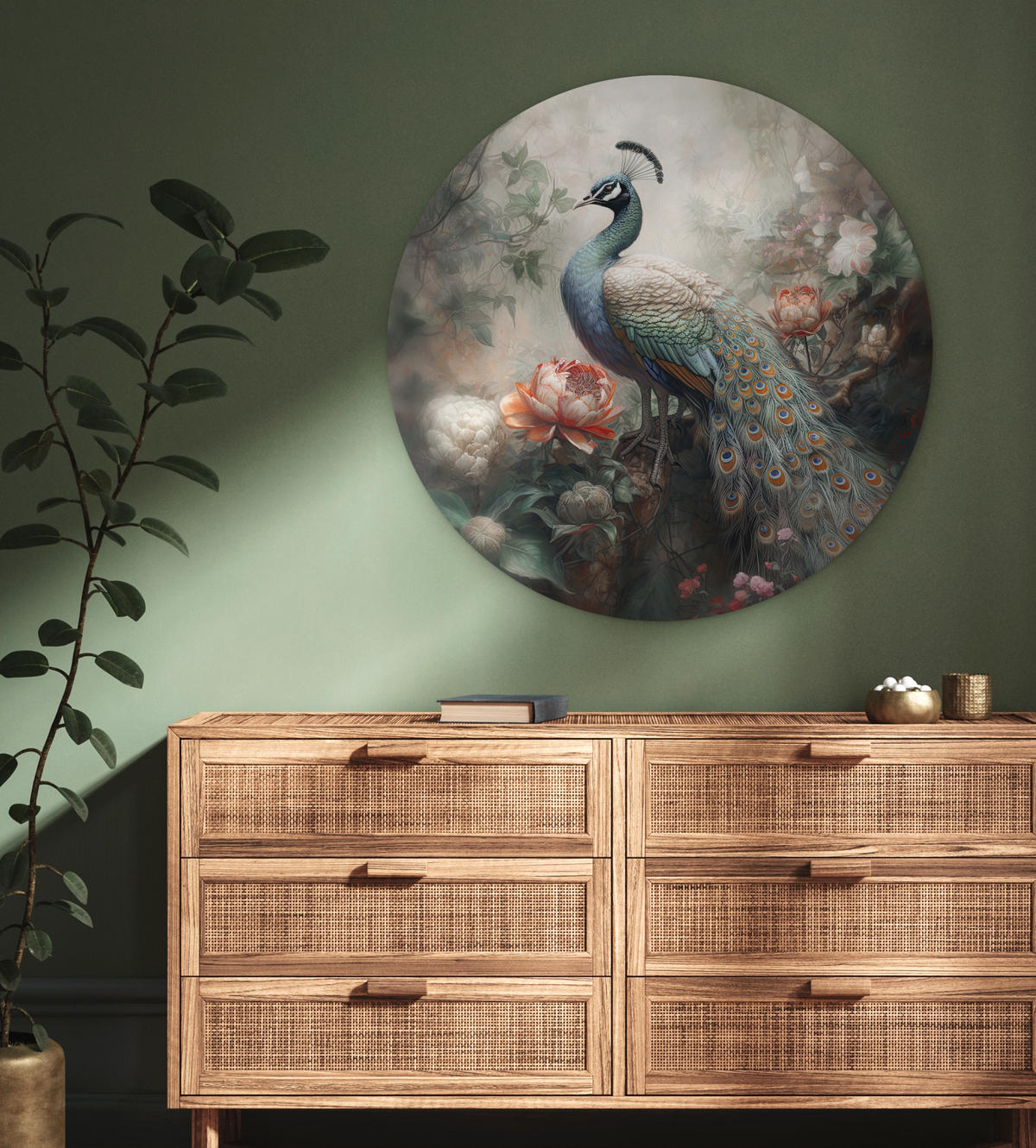 WANDBILD Pfau - Pfauenfedern - Vogel - Dschungel - Blumen 90x90 cm - Smaragdgrün, Kunststoff (90/90cm) - MuchoWow