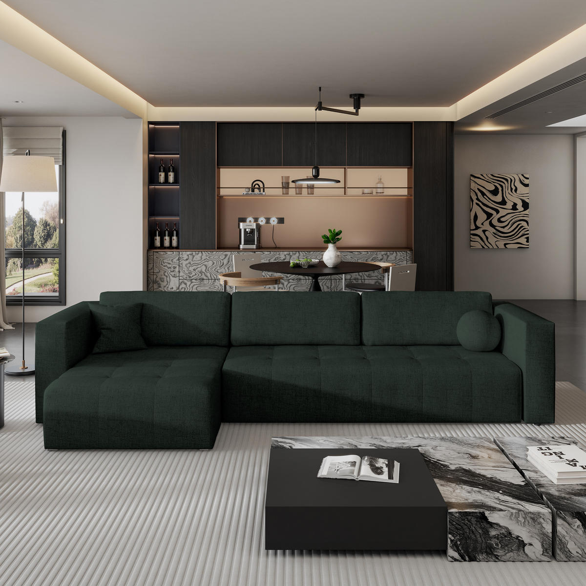 ECKSOFA OLVERA Grün Geflochtener Stoff mit Schlaffunktion - Grün, Holz (347/148cm) - MASSENO