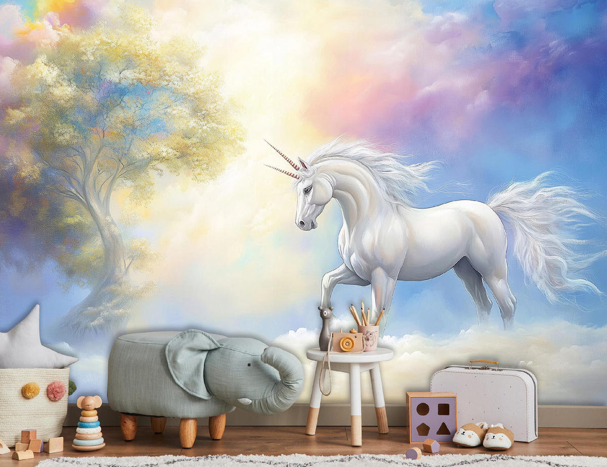 FOTOTAPETE Kinderzimmer Mädchen Einhorn Himmel Vlies Tapete 300x210 - Multicolor, Papier (300/210cm) - Wallarena