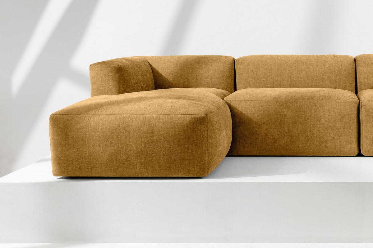 ECKMODULSOFA-LINKS BUFFO mit extrem weicher und bequemer Sitzfläche, Gewebestoff, Honig - Gelb, Textil (297/180cm) - KONSIMO®