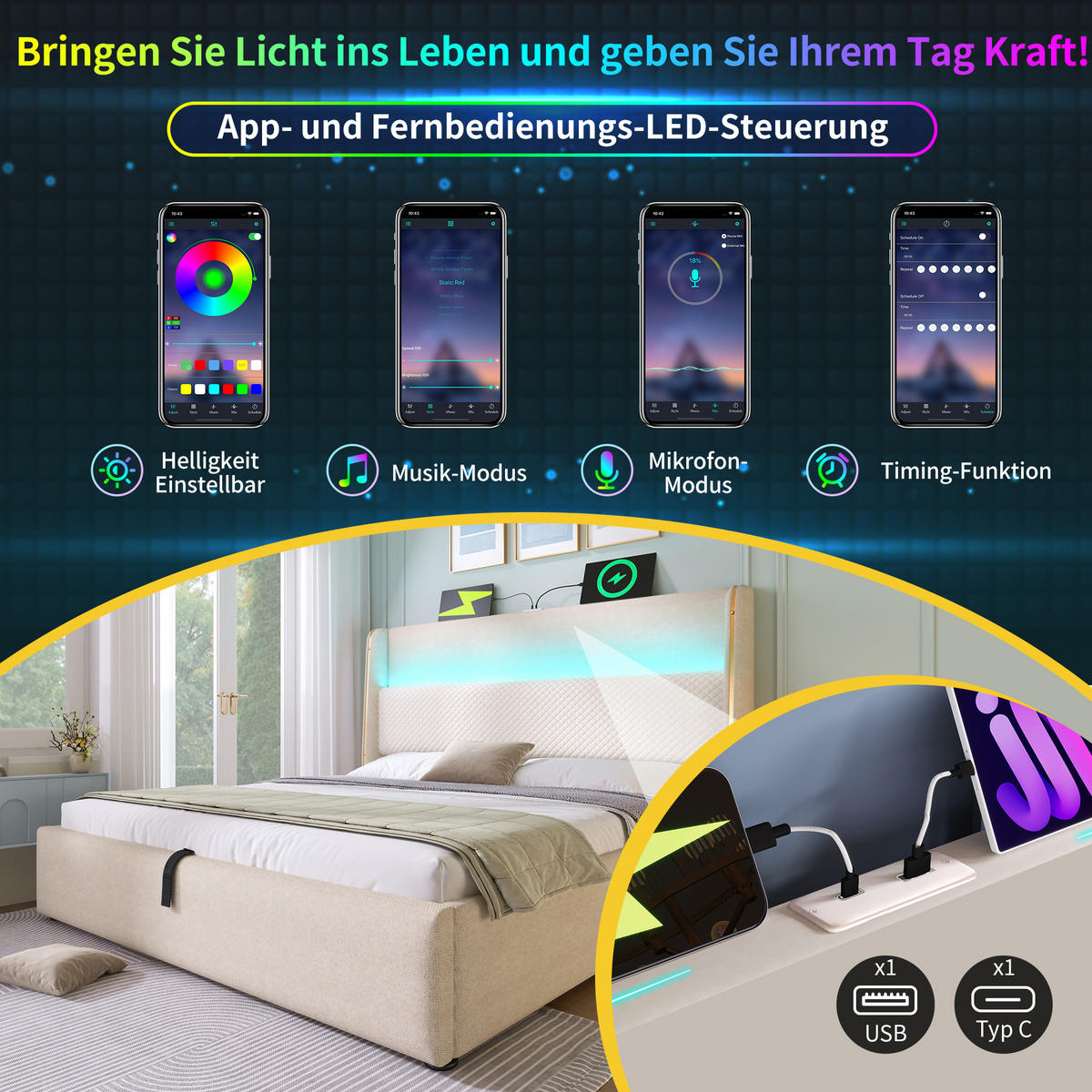POLSTERBETT 90/200 cm in Beige Leinen mit Bettkasten, LED und USB/Type-C - Beige, Holzwerkstoff/Textil (90/200cm) - WISHDOR