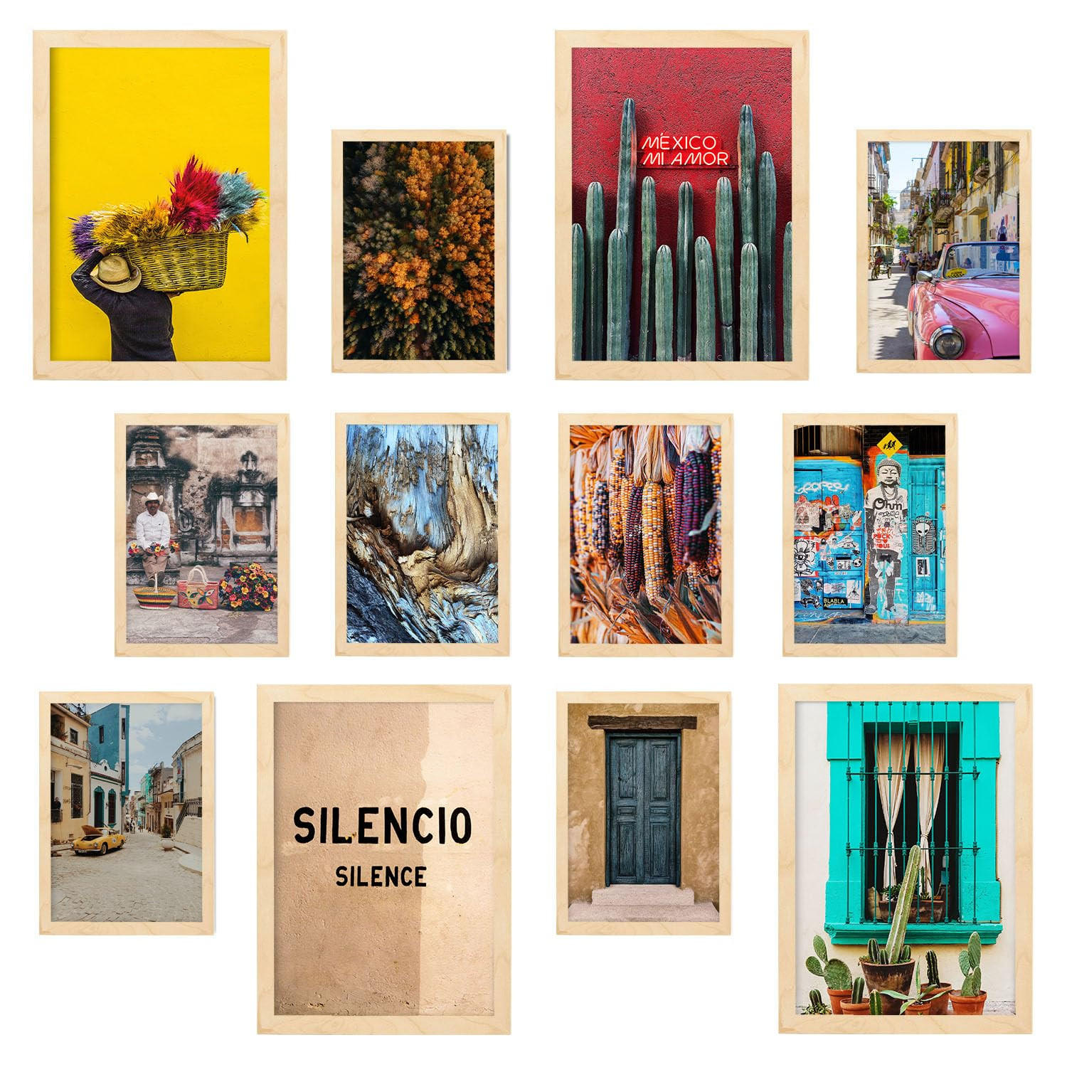 POSTER Set Mit 12 Mexikanisches Fotografie A3 Rahmen Aus Hellem Holz - Beige, Papier (29.7/5/42cm) - Nacnic