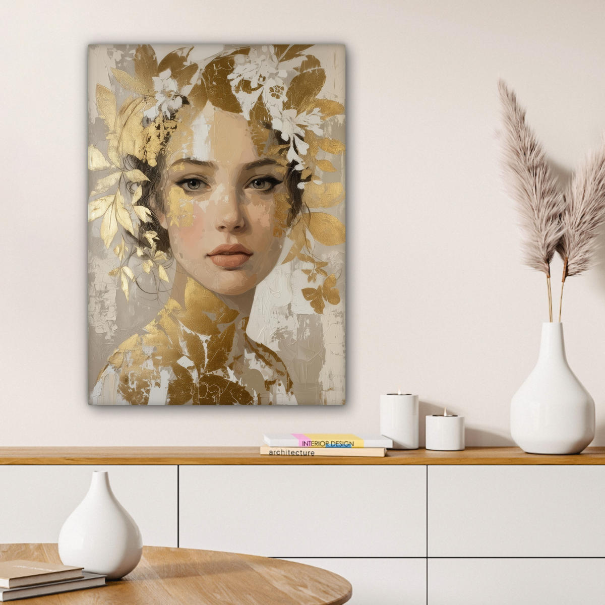 LEINWANDBILD Gesicht - Frau - Blätter - Gold Wandbild Wohnzimmer 60x80 cm - Beige, Textil (60/80cm) - MuchoWow