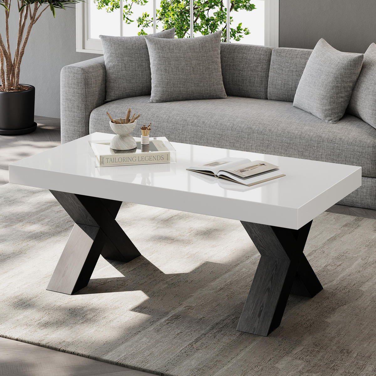 COUCHTISCH DE-37148 mit X-förmigen Beinen und Hochglanzplatte Weiß - Schwarz/Weiß, Holzwerkstoff (100/50/40cm) - ComfortXL