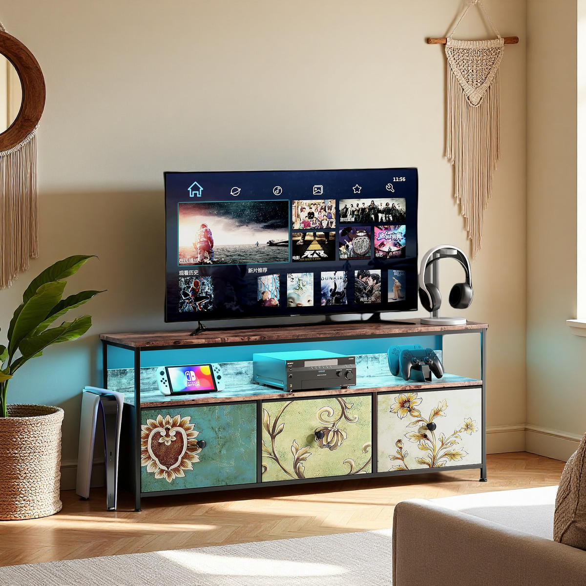 HÖG LED-TV-bänk, 137 cm, färgglada tyglådor, modern - Multicolor, Träbaserade material (29.8/57/137cm) - SHOPENTRA