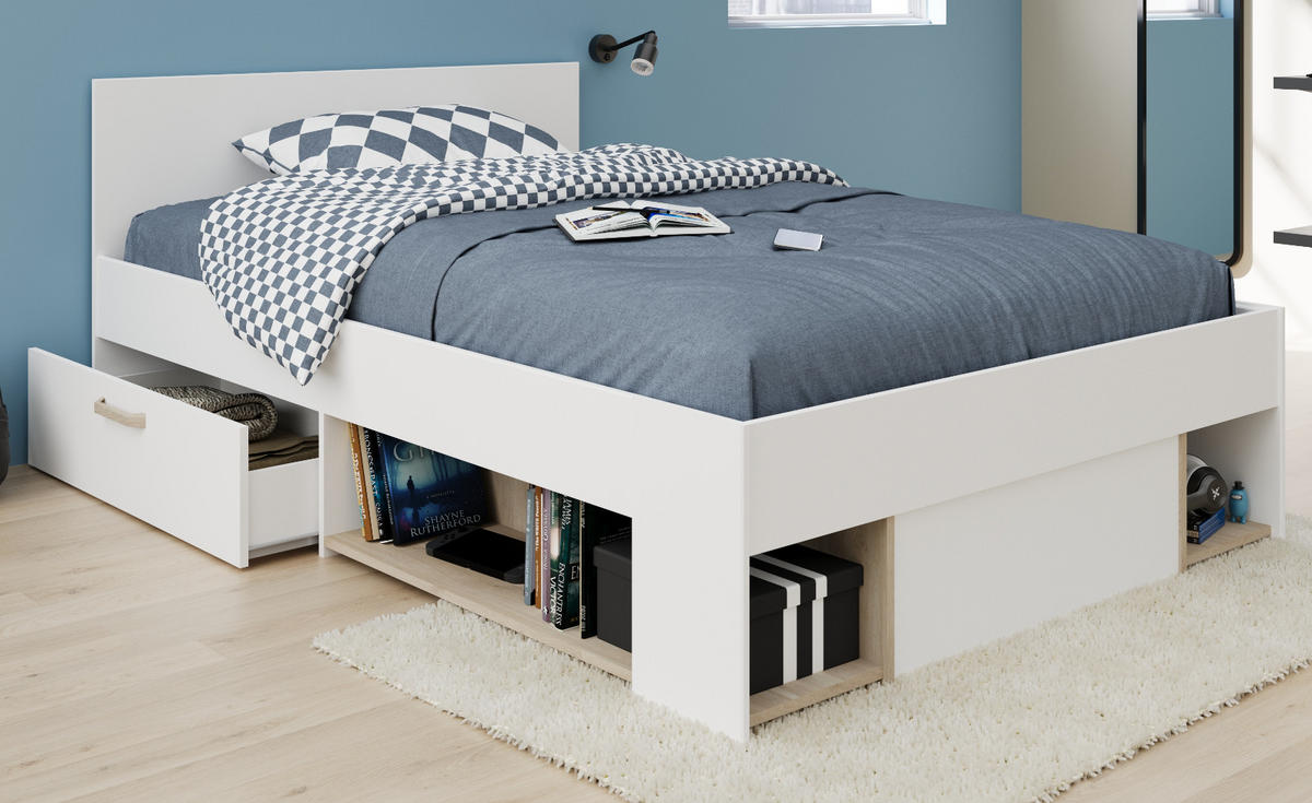 STAURAUMBETT weiß, Eiche Liegefläche 120 x 200 cm, Bett inklusive Bettschubkasten - Eichefarben/Weiß, Holzwerkstoff/Metall (120/200cm) - Parisot Meuble