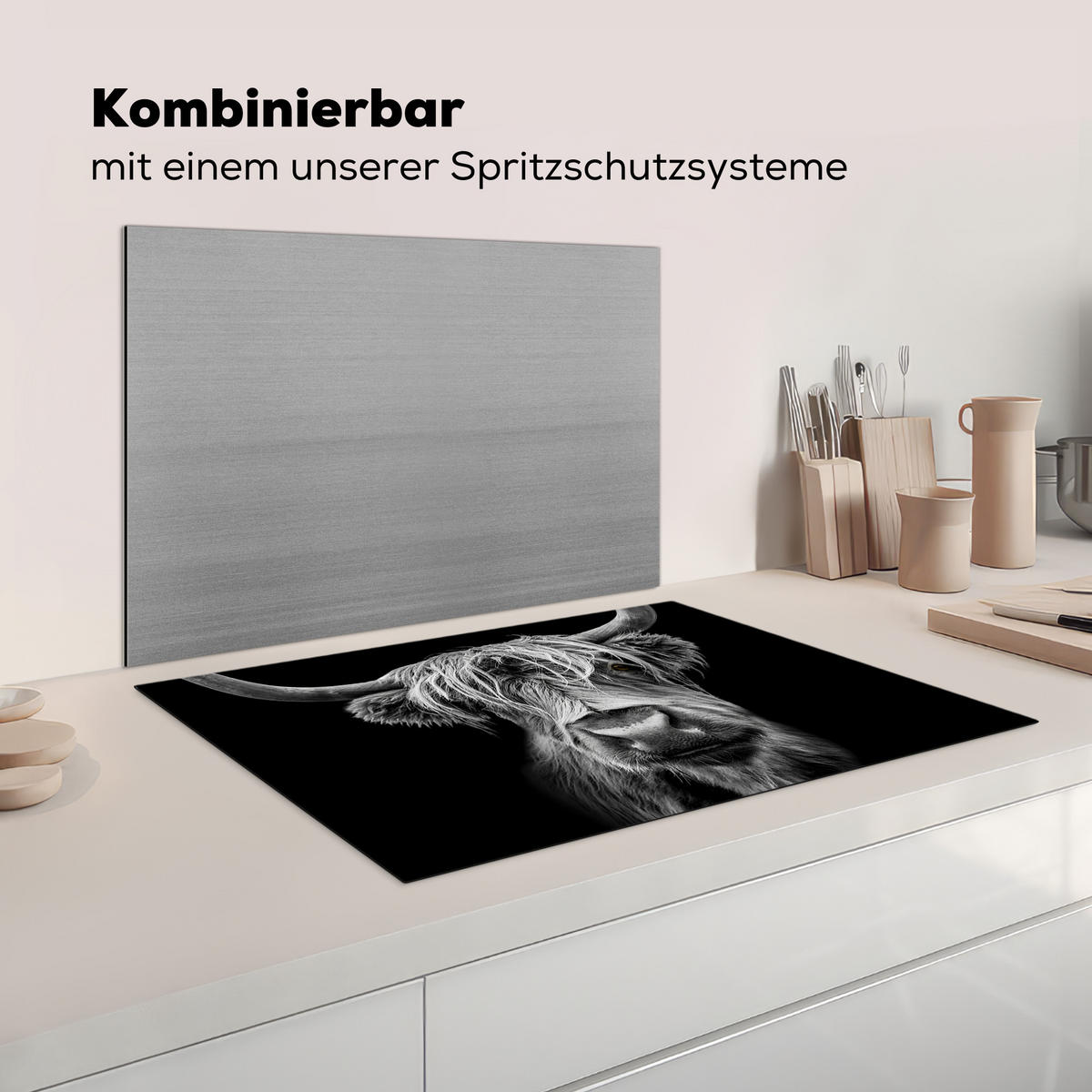 HERDABDECKPLATTE Schottischer Highlander - Hörner - Schwarz - Weiß - Kuh - Wild - Tiere Ceranfeldabdeckung 76x51.5 cm - Schwarz, Kunststoff (76/51.5/0.2cm) - MuchoWow