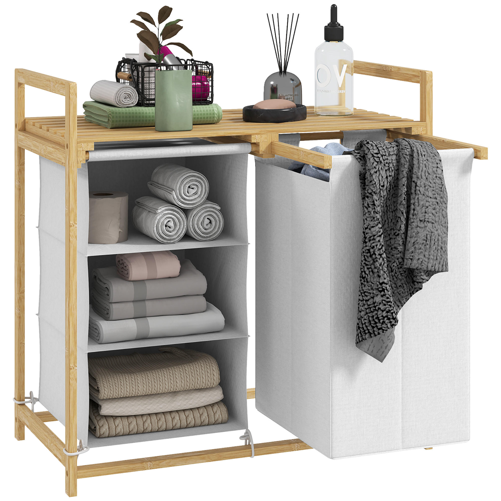 WÄSCHEKORB 4 Fächer Wäschesammler, 70 x 36 x 70 cm Bambus Weiß - Weiß, Naturmaterialien (70/70/36cm) - HOMCOM