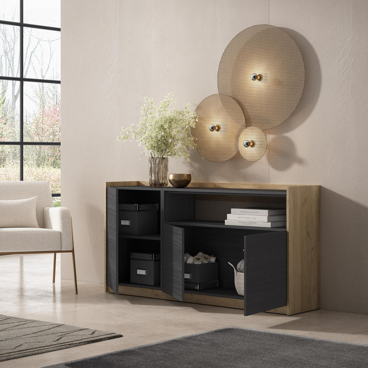 SIDEBOARD, Highboard, Schwarz Eiche, 156/37/80cm - Schwarz, Holzwerkstoff (156/80/37cm) - Skraut Home