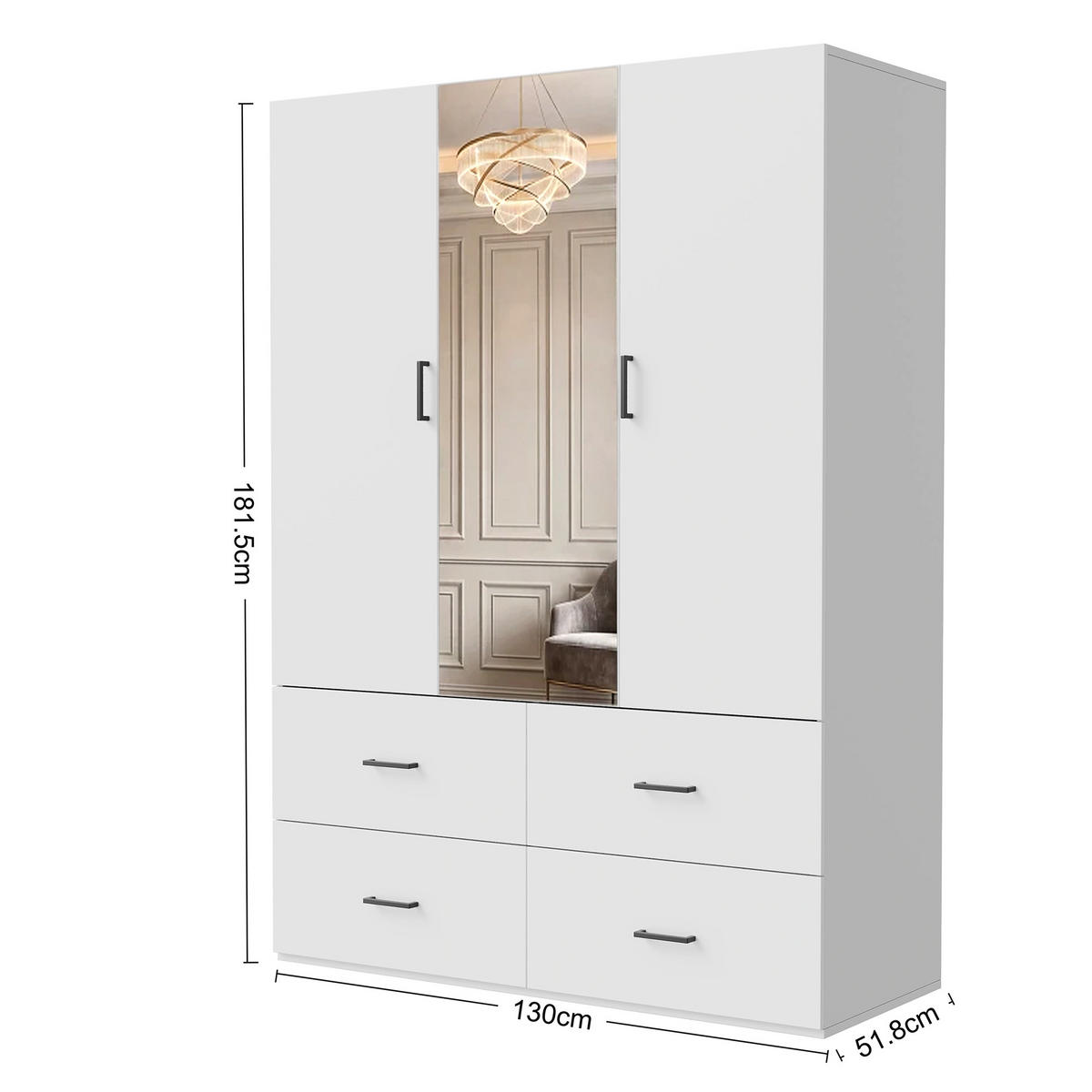 KLEIDERSCHRANK 130cm weiß mit Spiegel und LED, 4 Schubladen, viel Stauraum - Weiß, Holzwerkstoff (51.8/181.5/130cm) - SHOPENTRA
