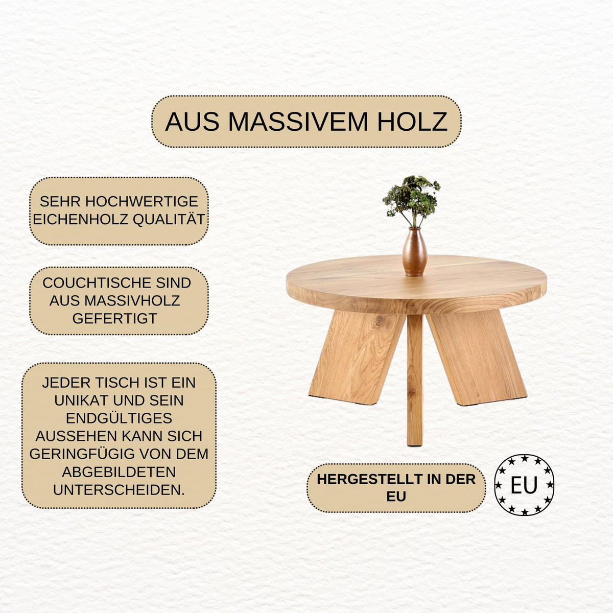 COUCHTISCH Eichenholz vollmassiv rund Naturbelassenen 80/80/37 - Naturfarben, Holz (80/80/37cm)