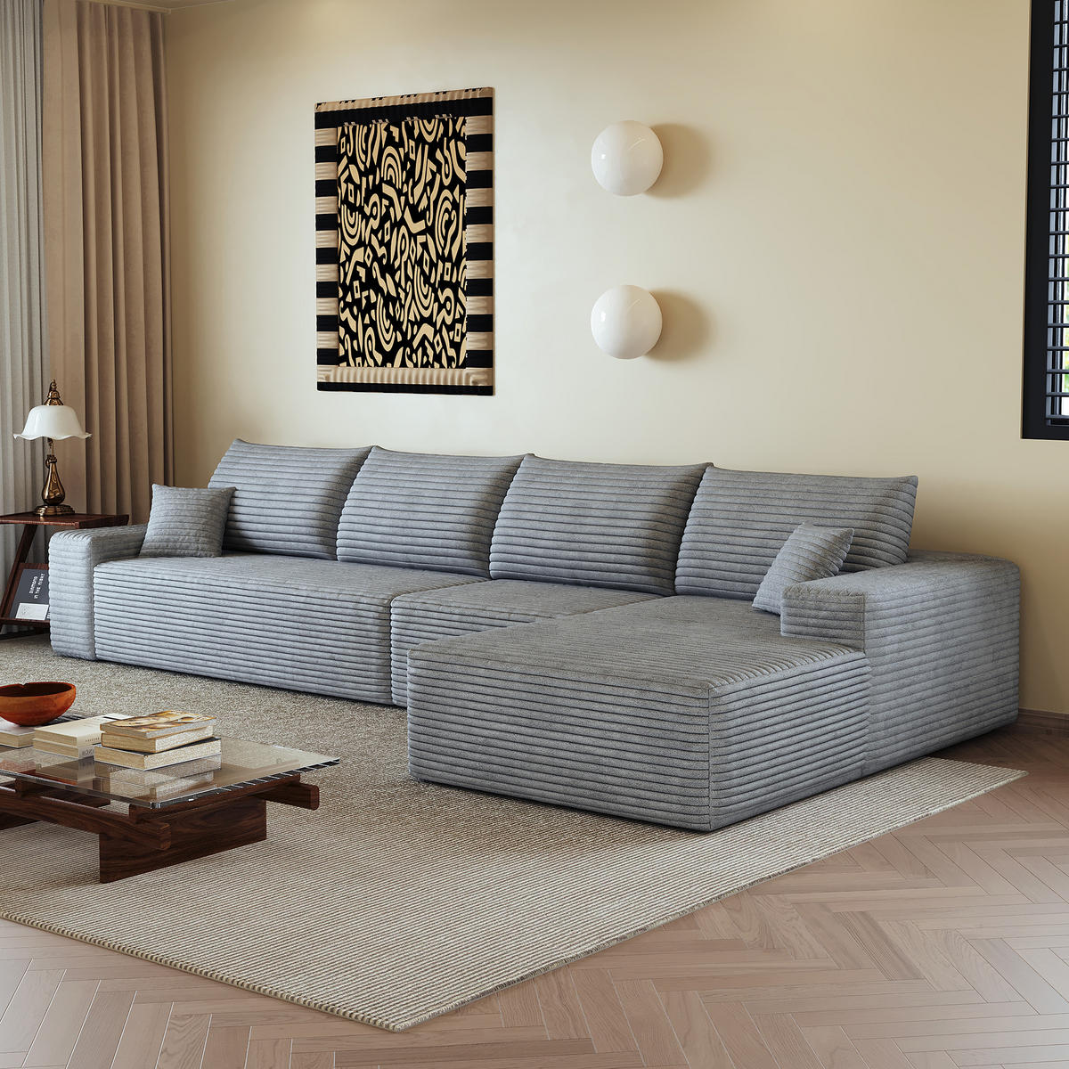 ECKSOFA 340/175/83 cm Grau mit L-förmiger Chaiselongue, Rechte Seite - Grau, Textil (340/175cm) - Oxeza