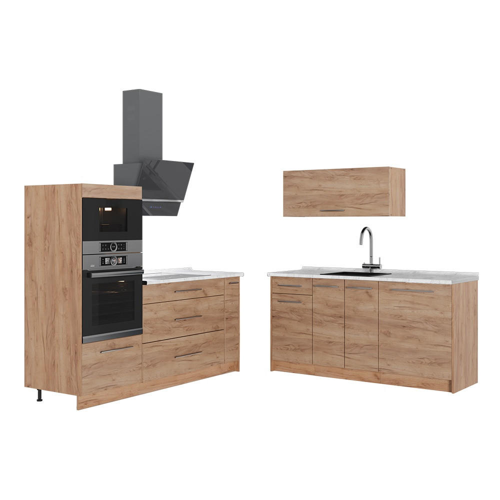 KÜCHENZEILE Fame-Line, Goldkraft Eiche/Goldkraft Eiche, 340 cm, AP Marmor - Honigeiche, Holzwerkstoff (340/153.6/60cm) - Vicco