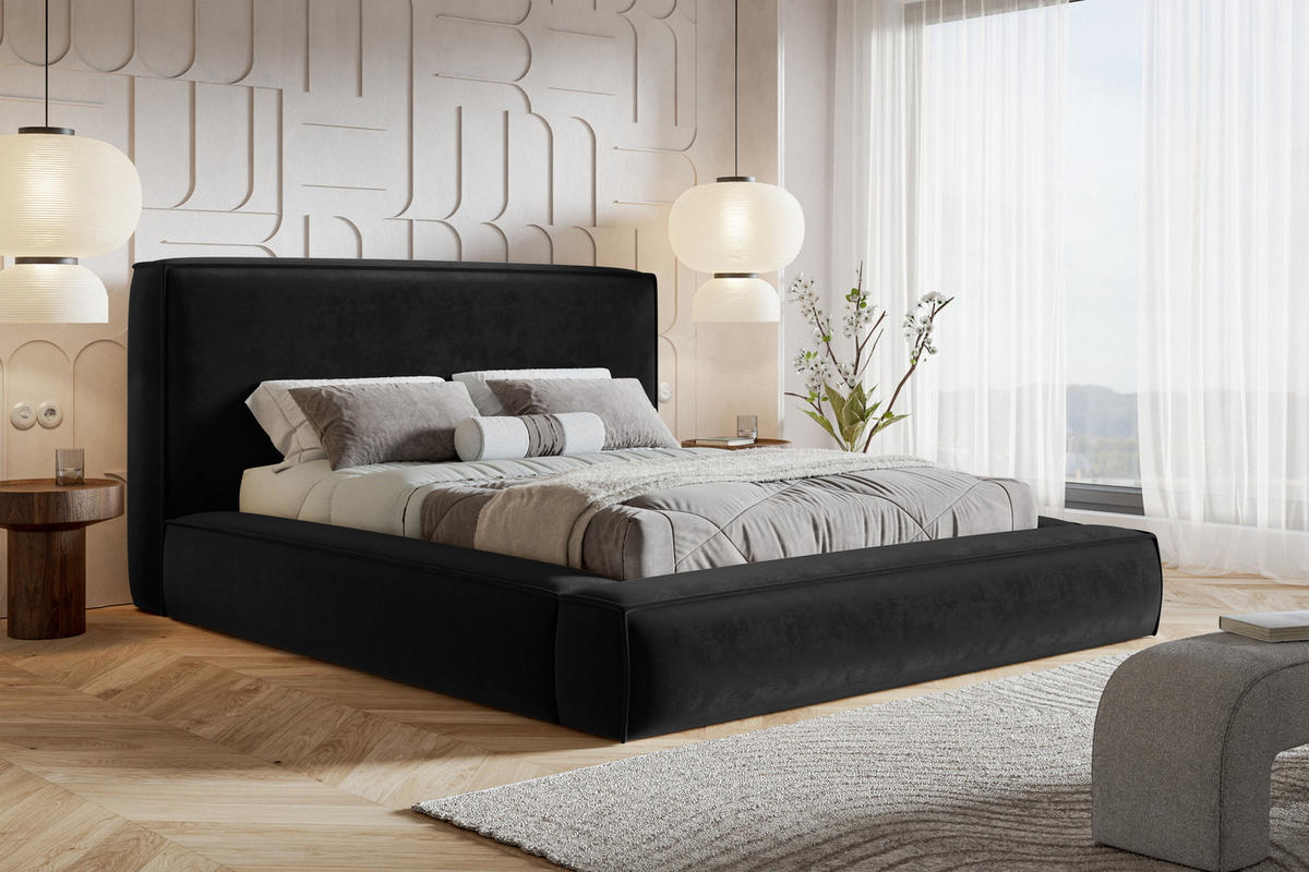 POLSTERBETT 140x200 Karano, Dicker Schaum, Bettkasten, Samt, Schwarz - Schwarz, Holz/Textil (140/200cm) - Emporius