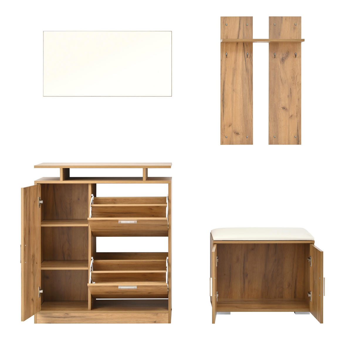 FLUR-GARDEROBEN-SET 140/35/133 cm aus Spanplatte mit Spiegel und gepolsterter Schuhbank Natur - Naturfarben, Holzwerkstoff (140/133/35cm) - Modenvie