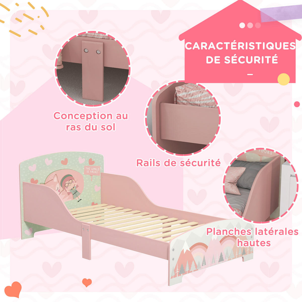 KINDERBETT 140x70 cm DE-14625 mit Sicherheitsbarrieren und Tiermotiv Rosa - Pink, Holzwerkstoff (70/140cm) - ComfortXL