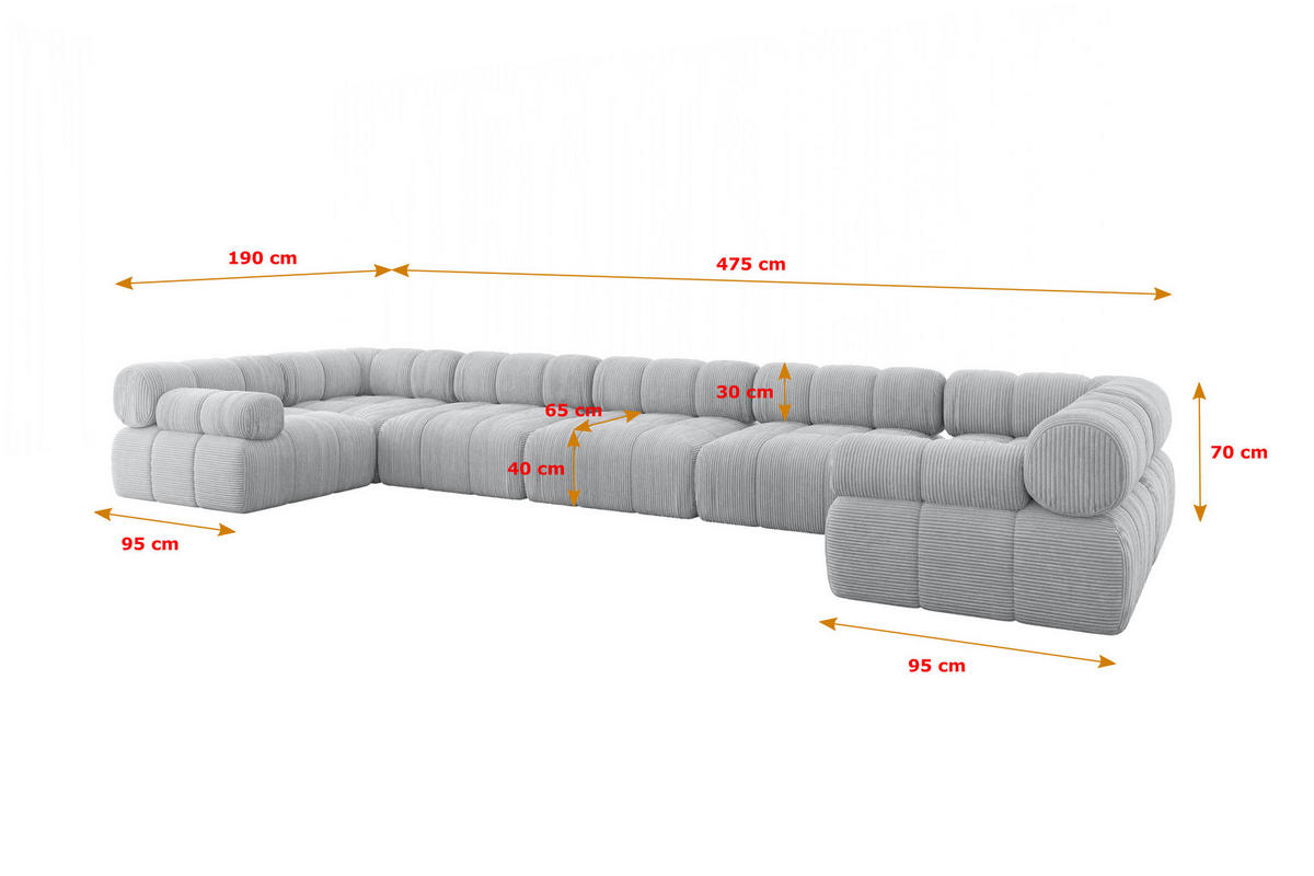 WOHNLANDSCHAFT modulares Sofa Birno-U3 - 475x190x70 cm Grau Cord - Grau, Holzwerkstoff/Textil (475/70/190cm) - ALTDECOR