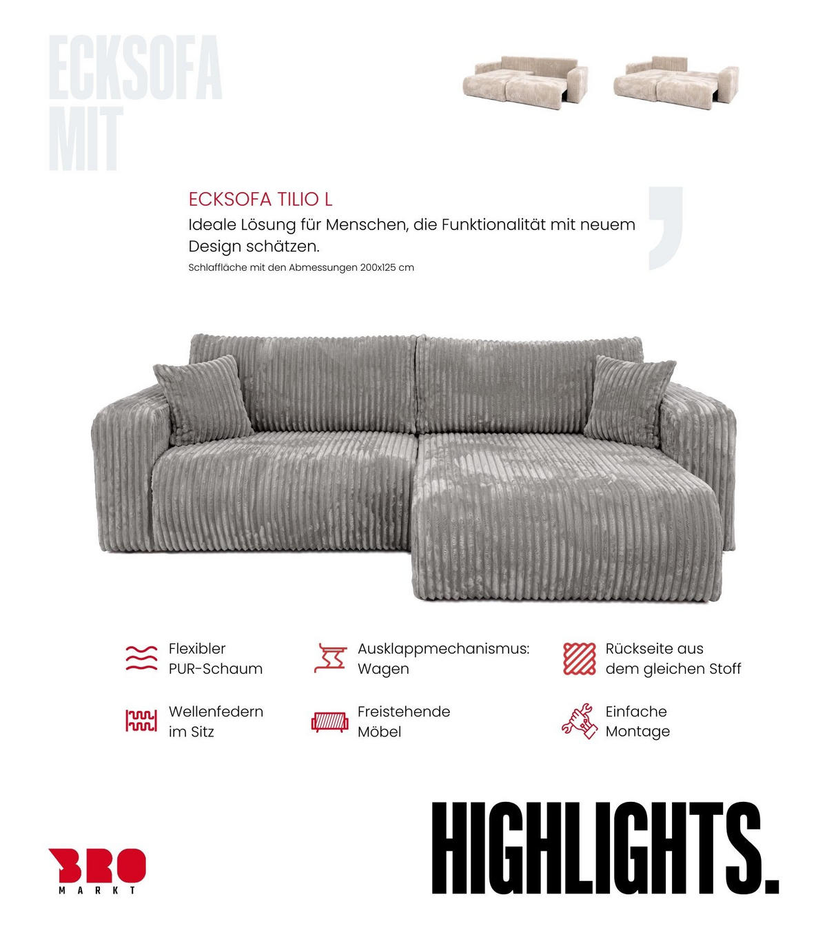 ECKSOFA mit Schlaffunktion TILIO Grau - Grau, Textil (244/148cm) - Bromarkt