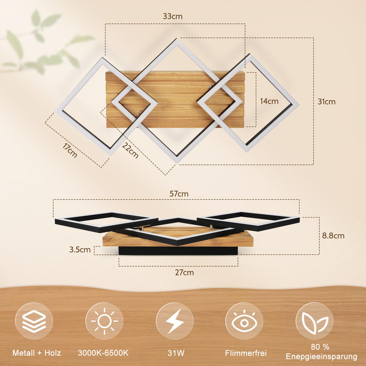 LED DECKENLEUCHTE Dravon 57/31/8.8 cm - Schwarz/Braun, Holz/Metall (57/31/8.8cm) - ZMH