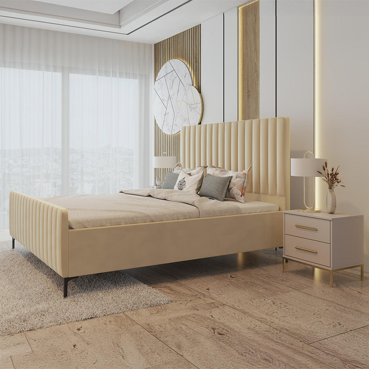POLSTERBETT AURORA, Lattenrost, ohne Bettkasten, gepolsterte Kopfstütze 160/200 in Creme - Creme/Schwarz, Holz/Textil (160/200cm) - imoebel24