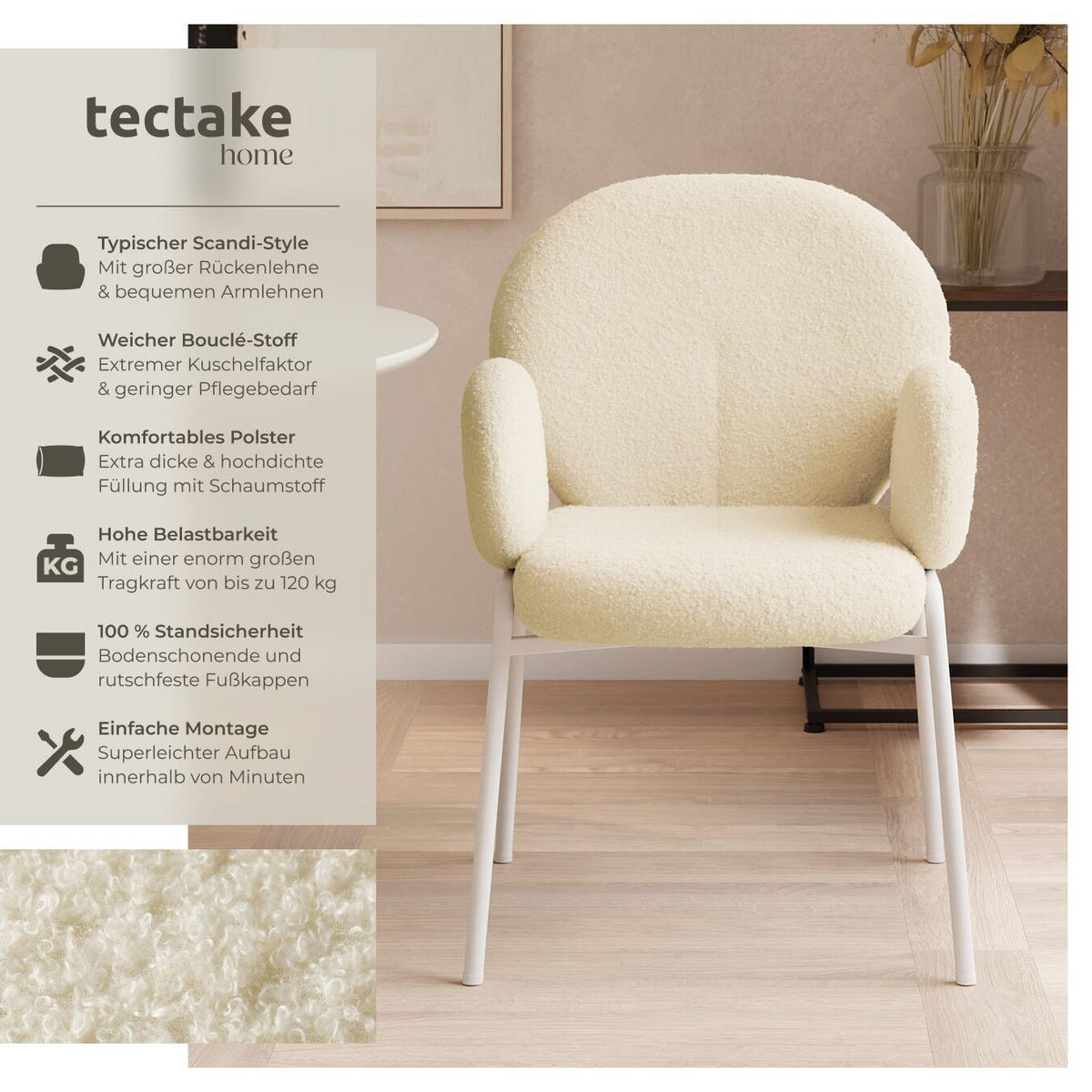 STUHL 1er Set Scandi Belastbarkeit 120 kg 61 5 x 62 x 90 - Creme, Kunststoff (62/90/61.5cm) - tectake