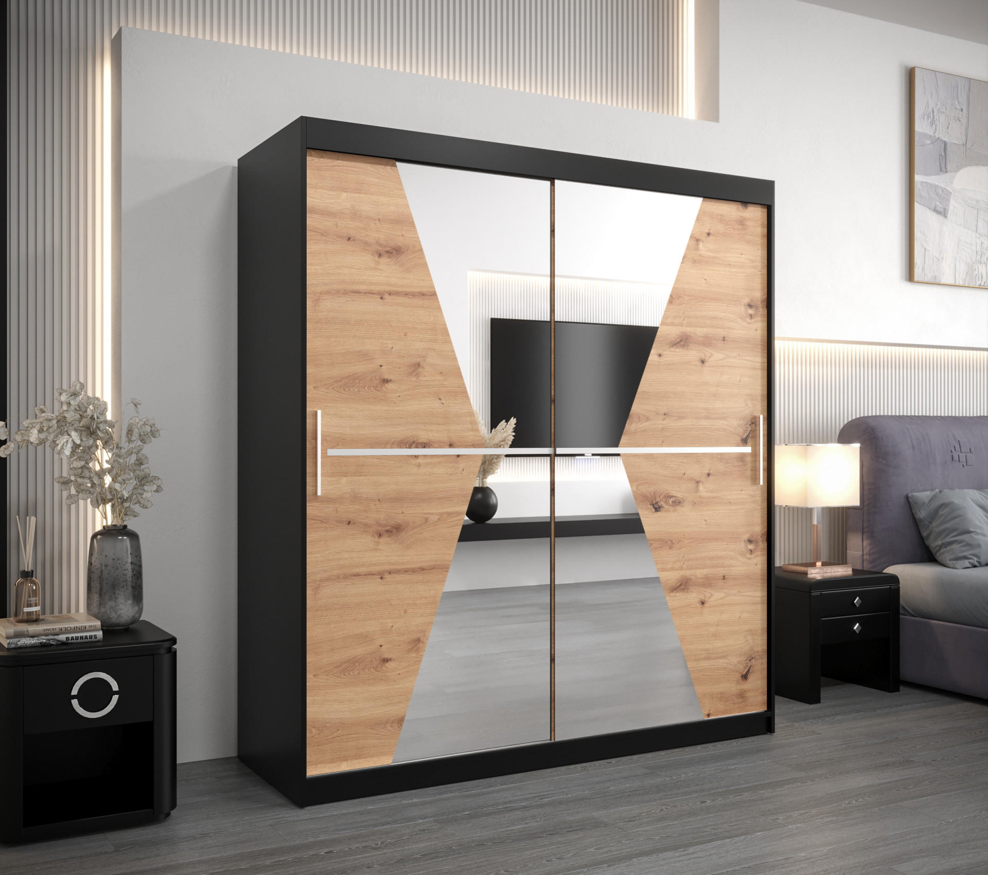 SCHWEBETÜRENSCHRANK 200/180/62 2-türig - Silberfarben/Schwarz, Holz/Kunststoff (180/200/62cm) - Abiks Möbel